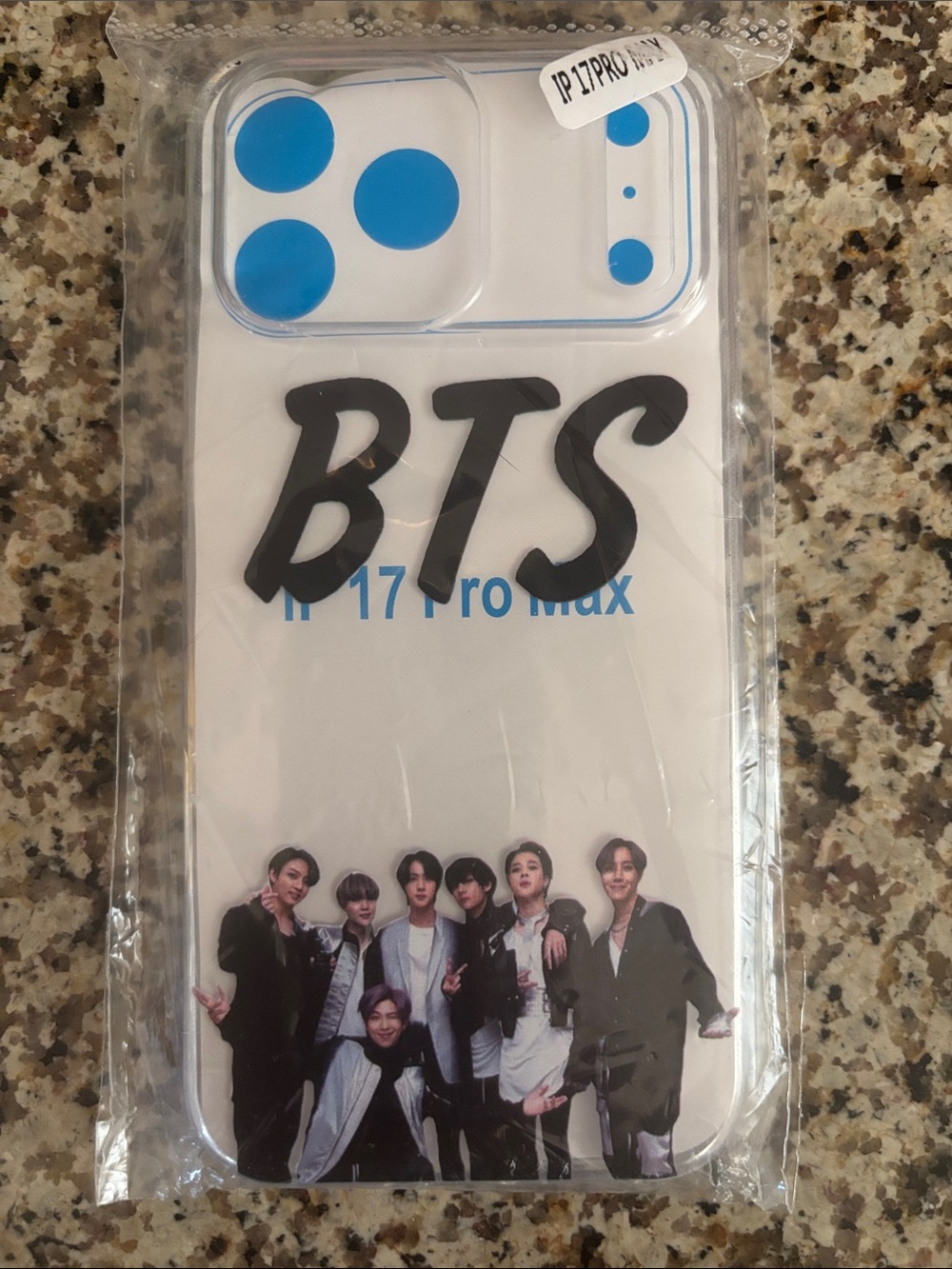 Clear Decorative Phone Case for iPhone 17 Pro Max — White & Blue BTS Design